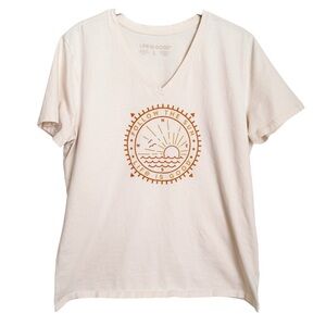 Life Is Good Cream V-Neck Tee with Orange 'Follow The Sun' Graphic